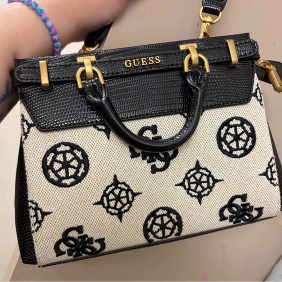 GUESS Black and Cream Satchel with Gold Accents - Picture 2 of 4